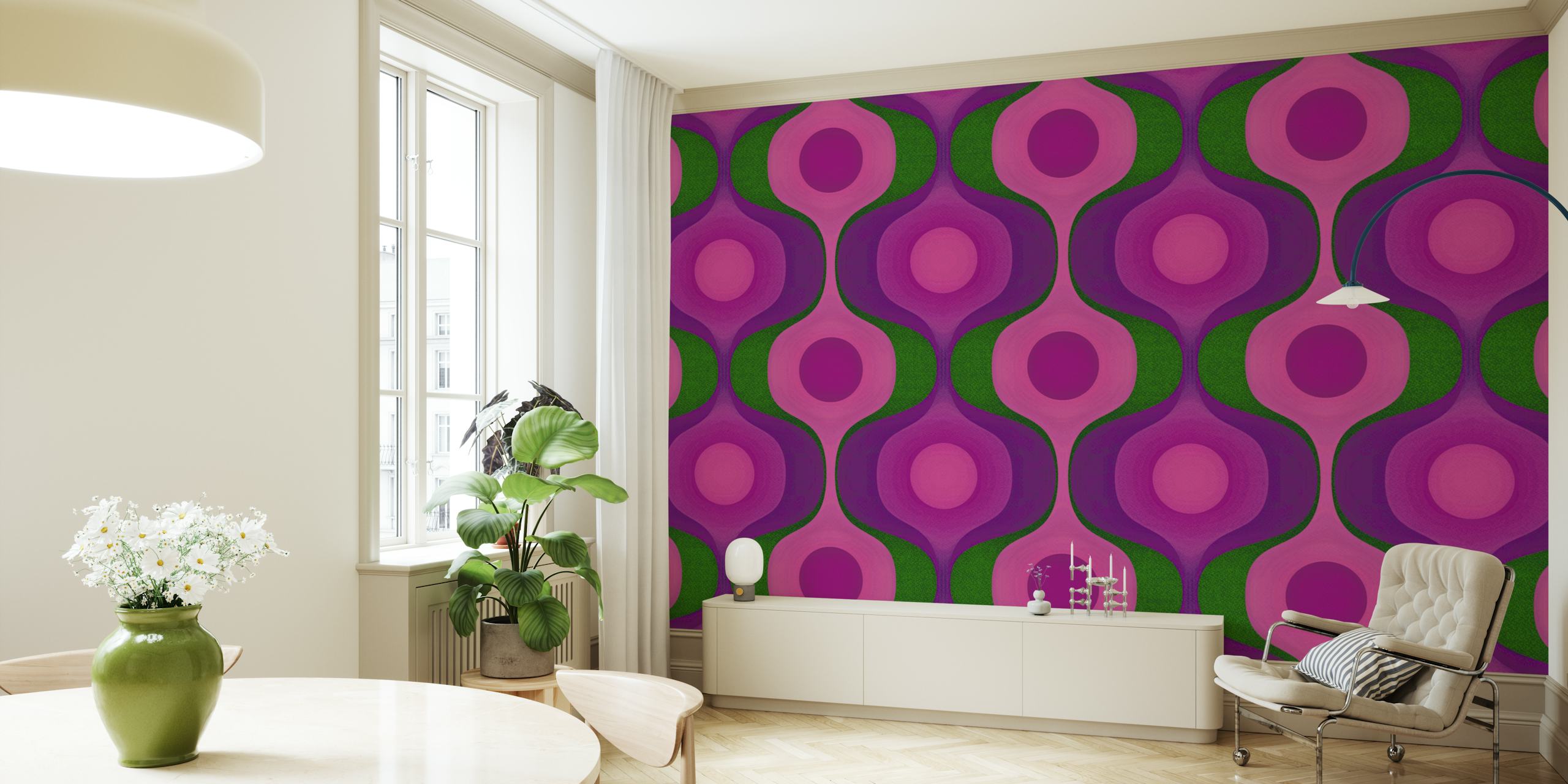 Magenta 70s Groovy Geometry wallpaper in a room
